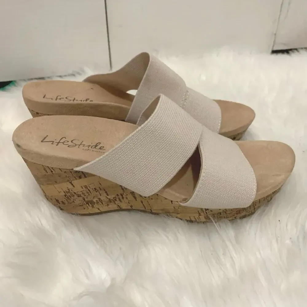 Life Stride Divine Neutral Double Strap Wedge Cork Heel Sandals Size 6